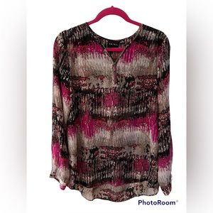 Tribal Zip Neck Abstract Print Blouse Fuchsia Pink